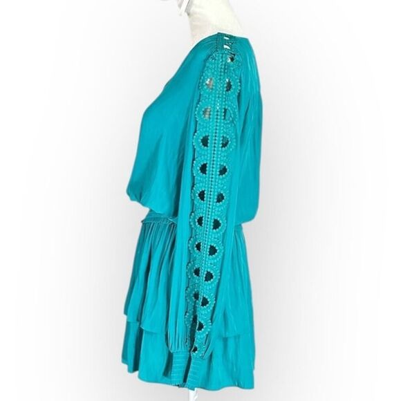 Ramy Brook Starling Dress Women's Small Teal Embellished-Sleeve Mini Smocked - Picture 4 of 13